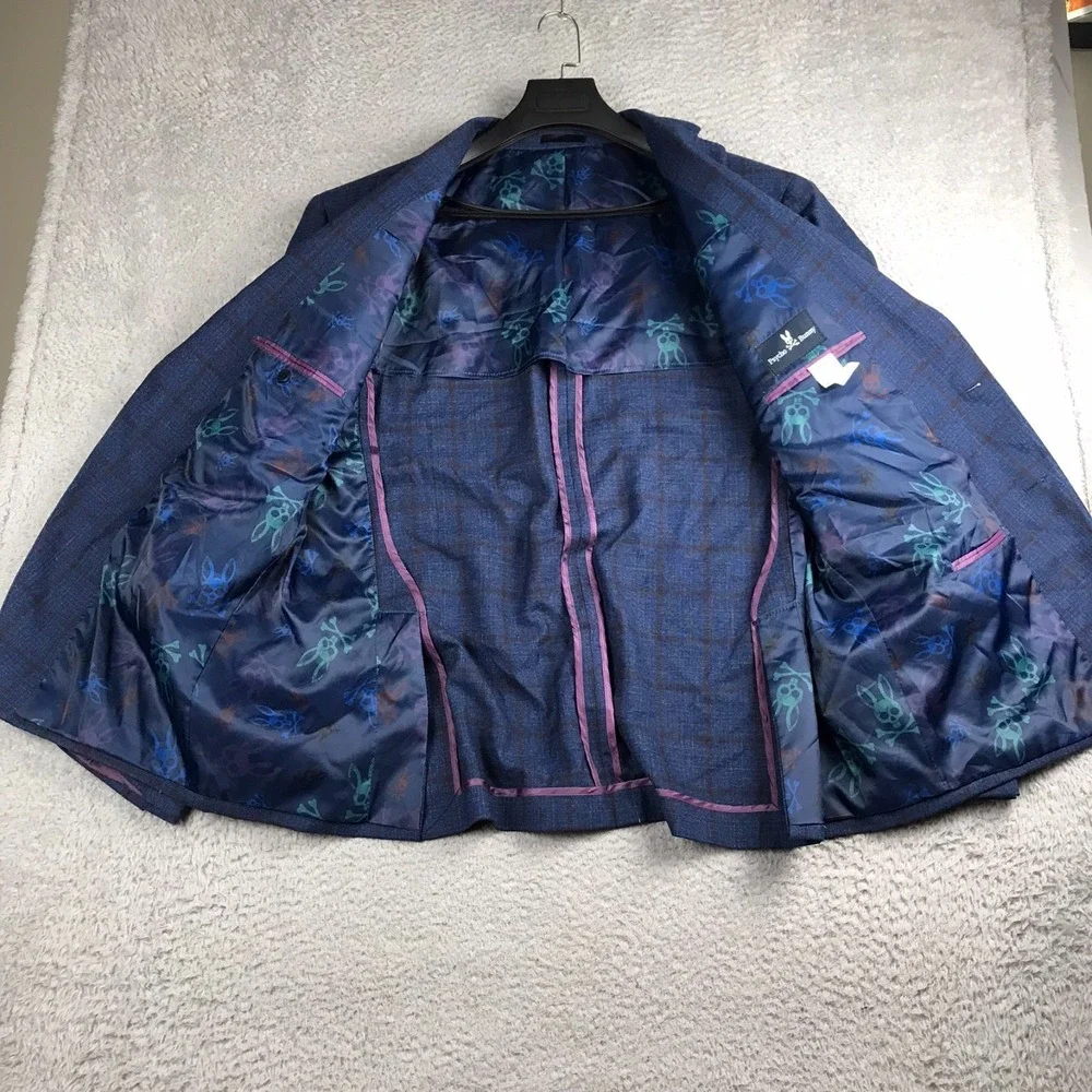 Psycho Bunny Worsted Wool Windowpane Sport Coat Mens 54L Navy Blazer